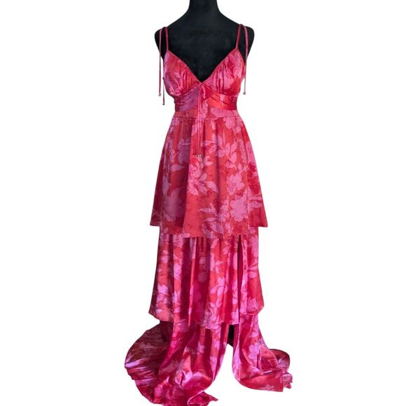 CRYSTAL DOLL Tiered Maxi Gown M Red Pink Floral Satin Fantasy Fairy Formal Dress - Picture 1 of 9
